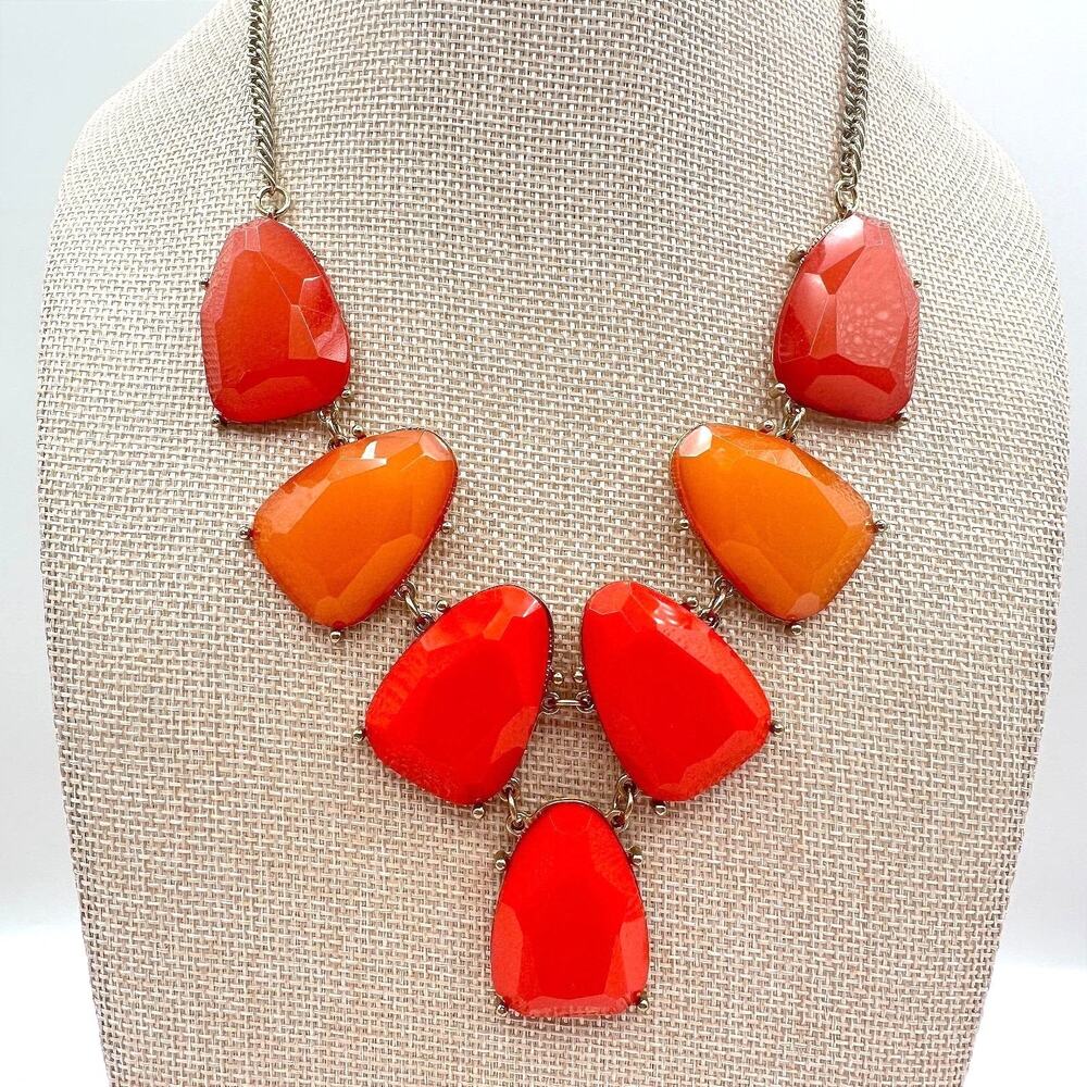 Vintage 90s Gold Tone Red Chunky Bib Necklace Statement Women's Classic Jewelry